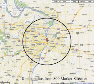 map of St. Louis with radius cropped
