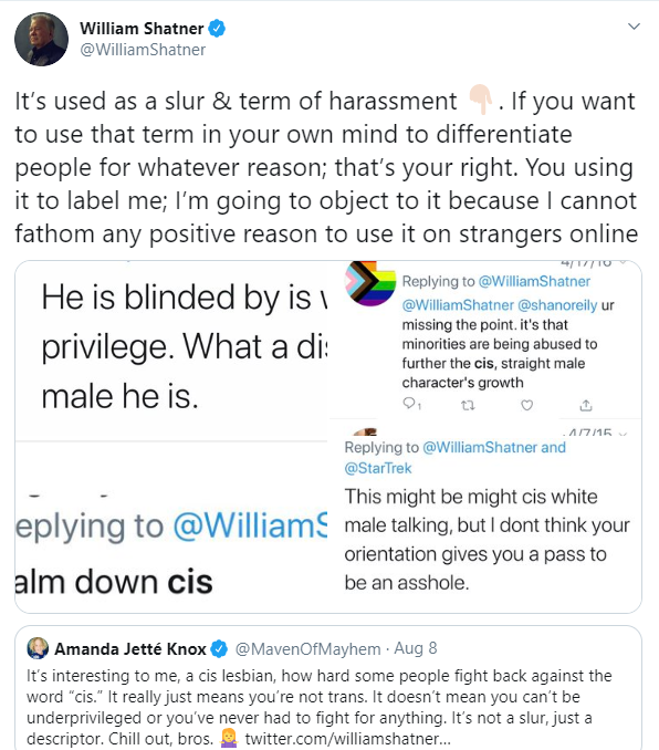 William Shatner: Not a Cisgendered Man or a Cis Man 10 slur harrass