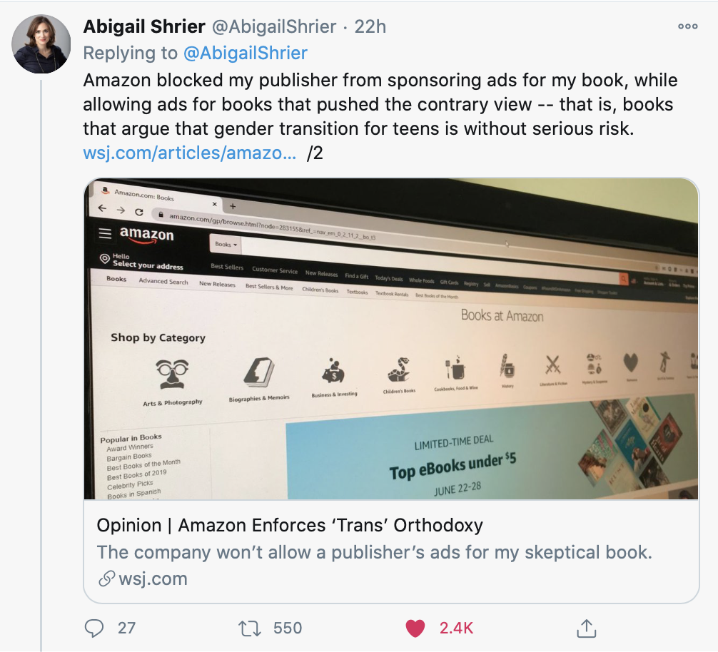 New Rule: Don't Talk about Abigail Shrier's Well-Researched Book on Gender Transitioning Among Teenaged Girls 2 amazon
