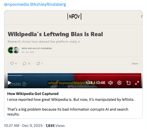 The Continuing and Spreading Corruption of Wikipedia 1 Screenshot 2025 12 09 at 11.14.35 AM
